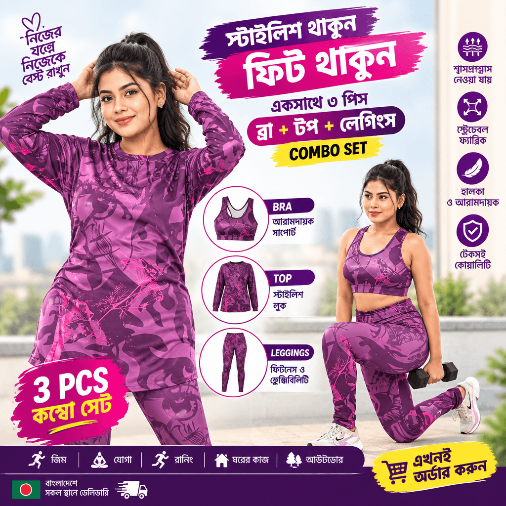 Printed Activewear 3pcs Combo – 1xSports Bra, 1xLeggings & 1xTop CM91