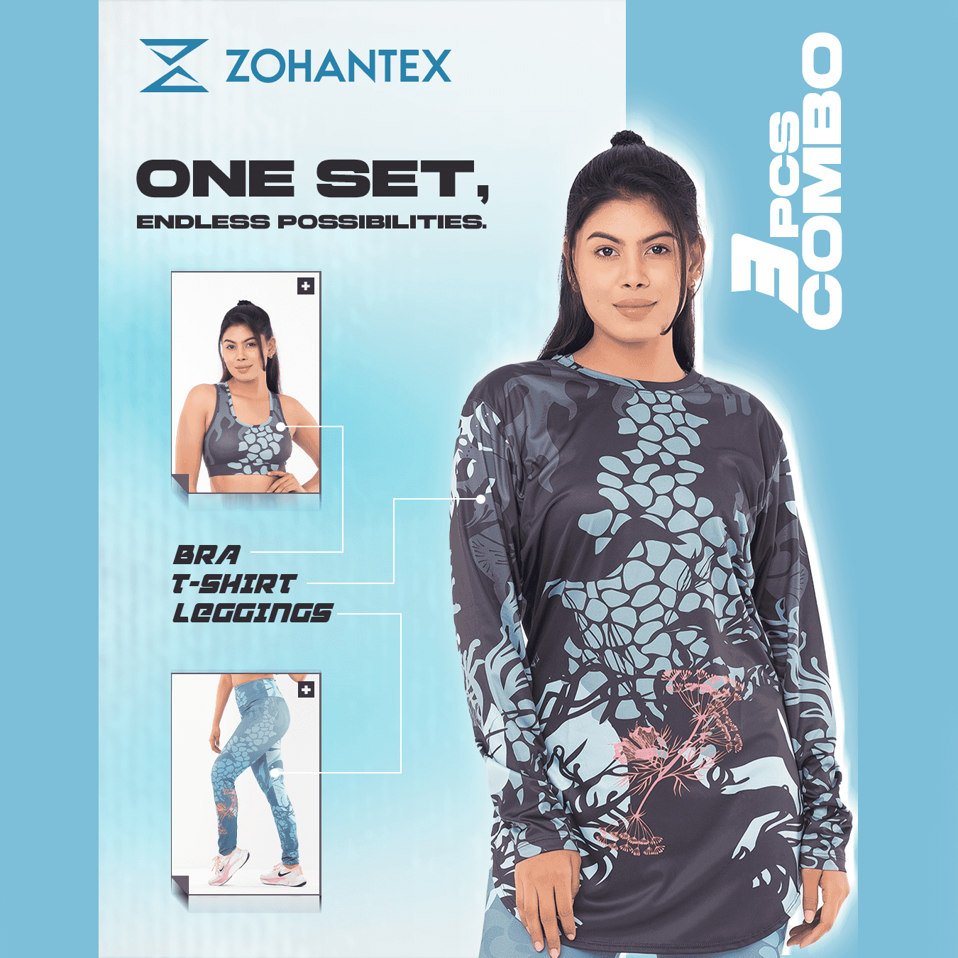 Printed Activewear 3pcs Combo – 1xSports Bra, 1xLeggings & 1xTop CM92 - Image 4