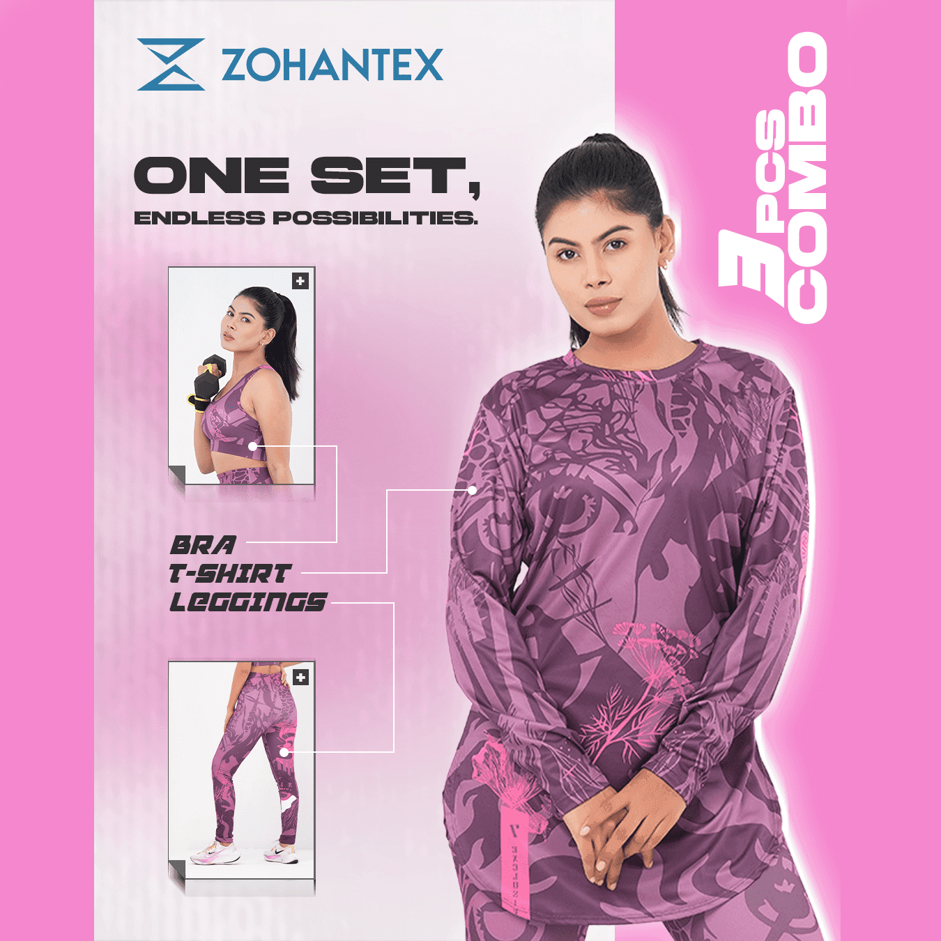 Printed Activewear 3pcs Combo – 1xSports Bra, 1xLeggings & 1xTop CM91 - Image 4